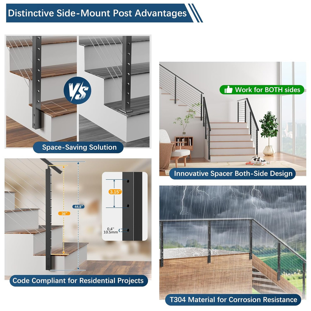 36" Side Mount Cable Railing Post - Versatile Indoor/Outdoor Stair Solution