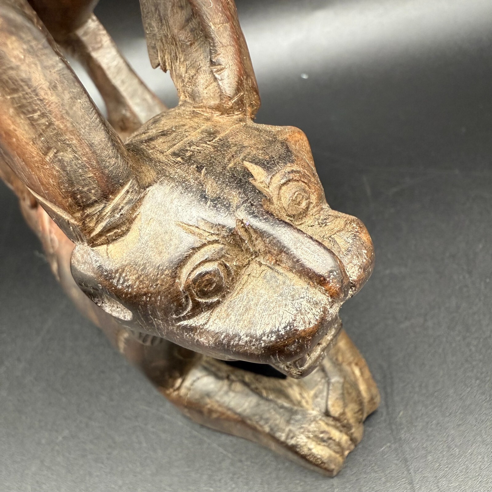 Vintage Hand-Carved Wood Animal Sculpture – Wild Boar Standing Over Lion – Triba