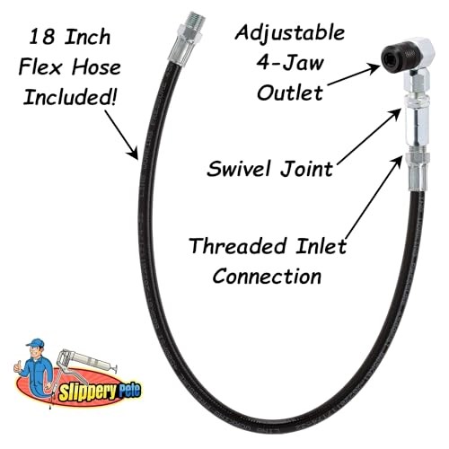 90 Degree Grease Gun Coupler - 18 Inch Flex Hose, Threaded Threaded Inlet