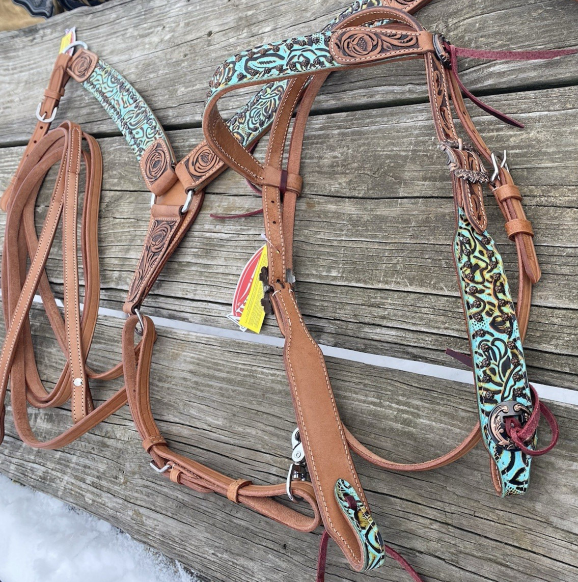 Teal Rustic Rose Western headstall/breast collar set w/reins