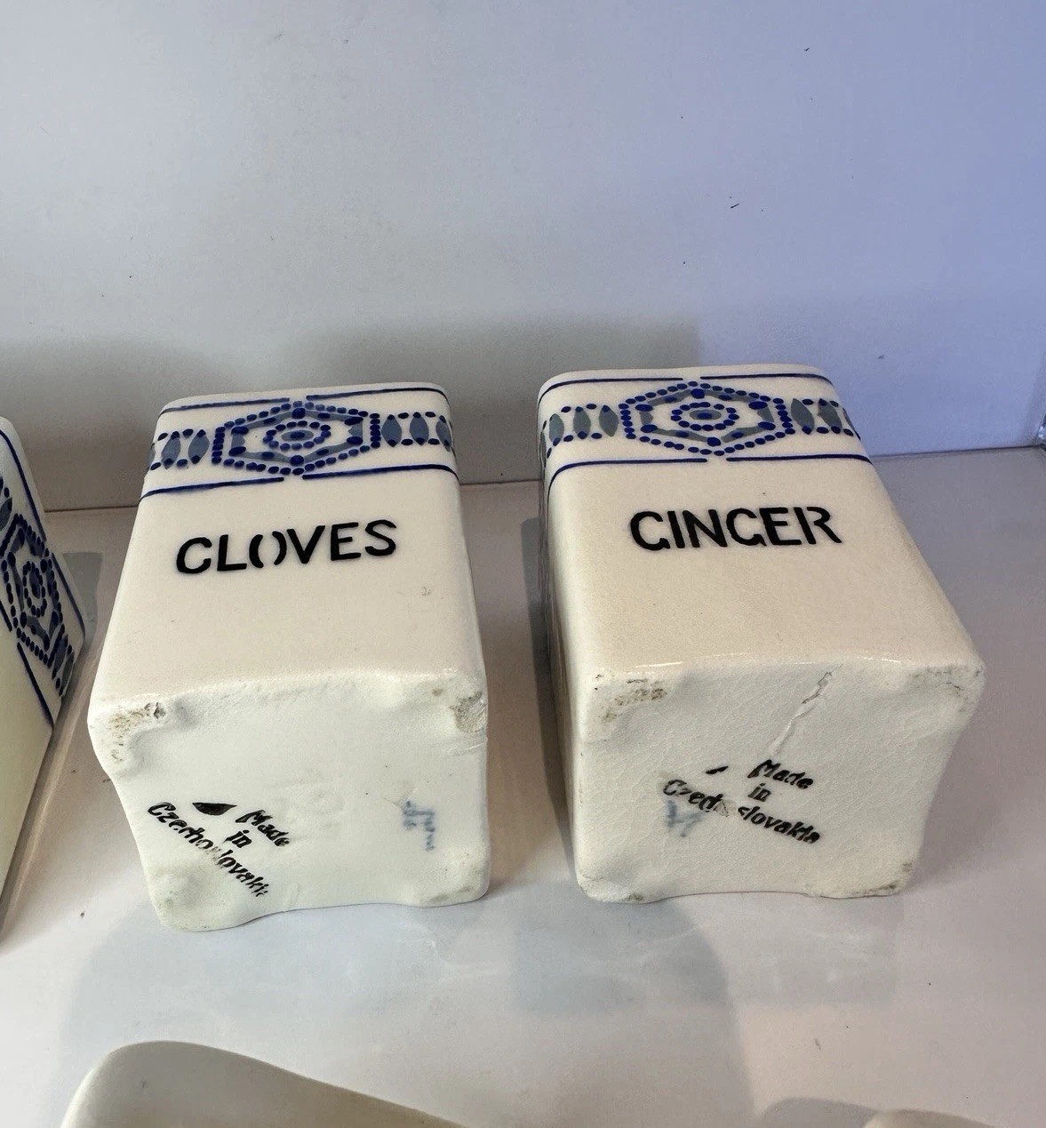 4 Blue and white Czechoslovakian spice canisters vintage