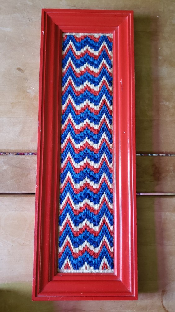 Needlepoint Vintage 70s Red White Blue Zig Zag Framed