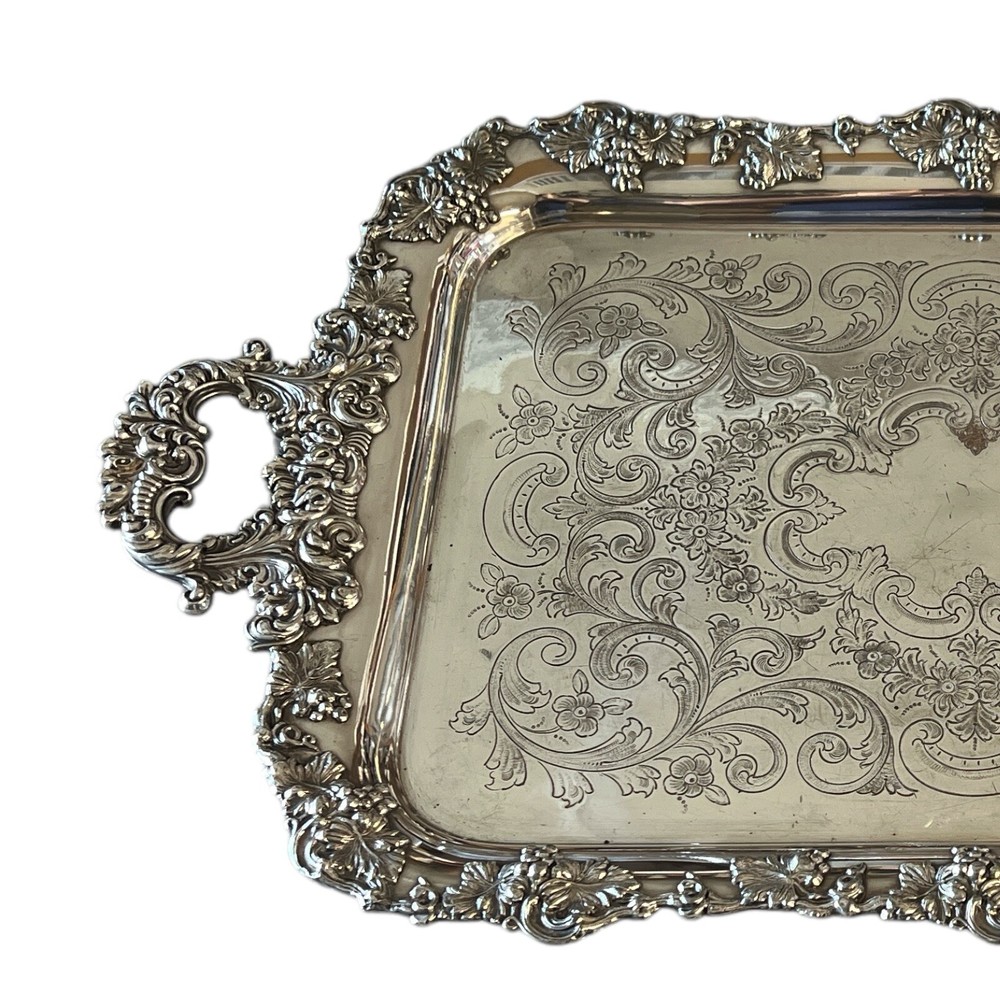 Large Silver Plate Waiters Serving Tray Rectangular Grape Motif 17x28.5