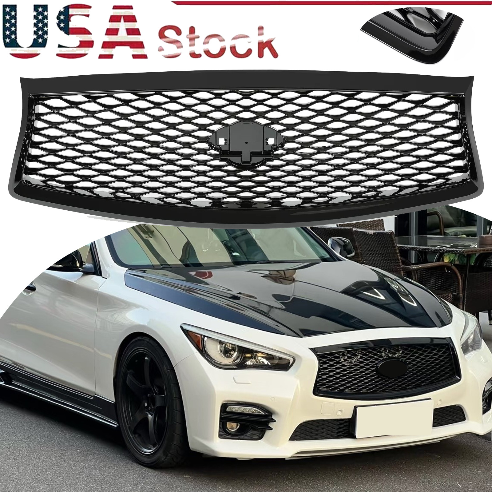 For Infiniti Q50 2014-2016 2017 Front Bumper Upper Grille Gloss Black Grill JDM