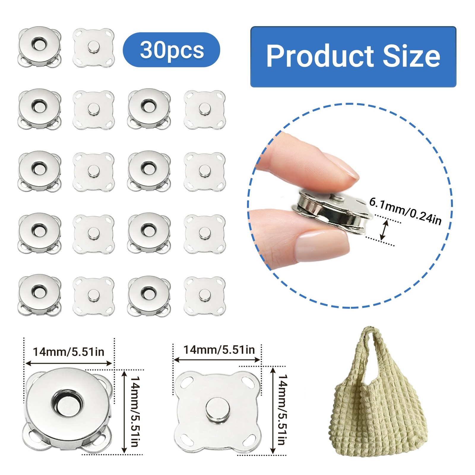 30 Sets Magnetic Snap Buttons,14mm Silver Button for 5.51,