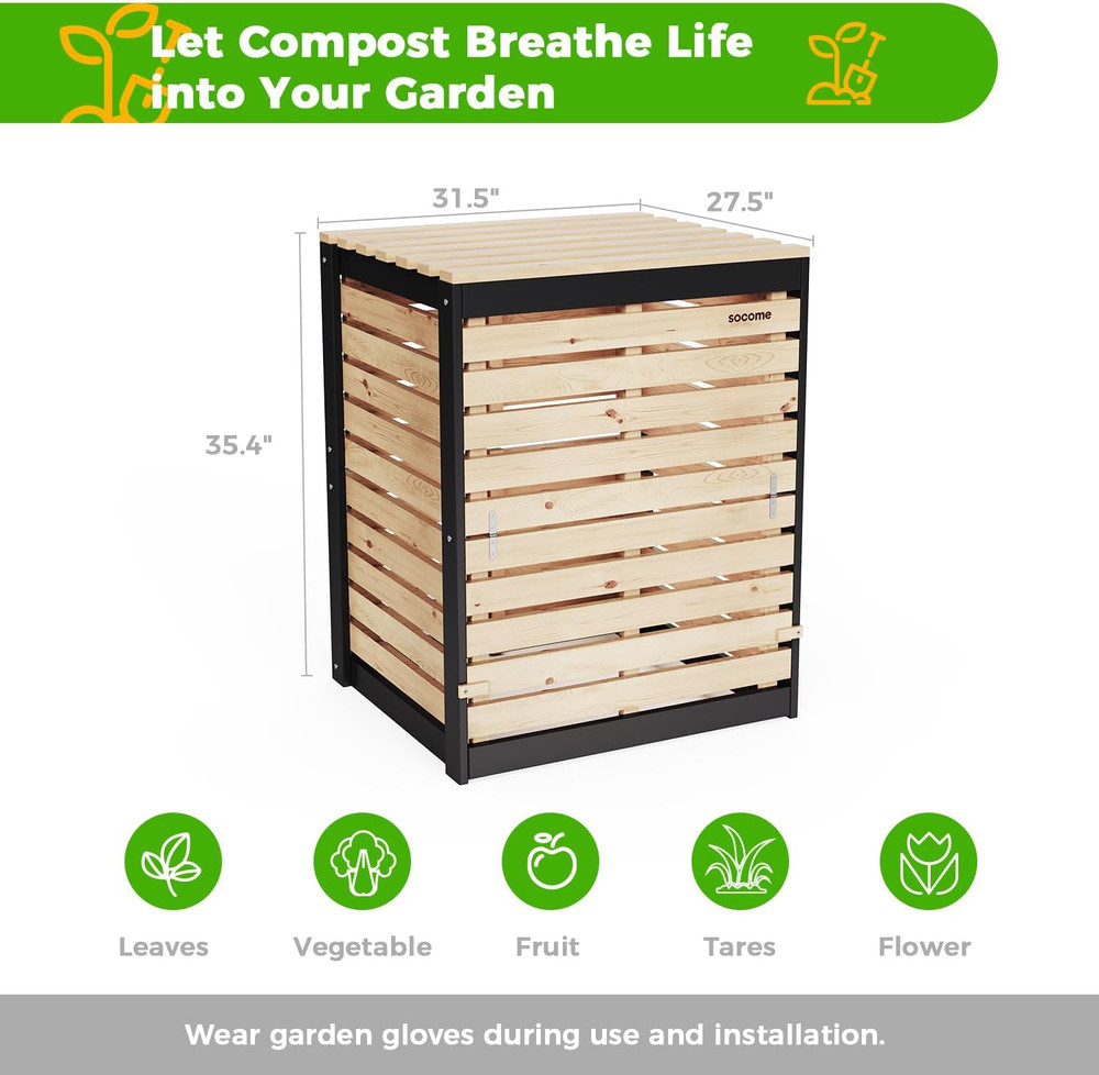 130 Gallon Solid Wood Composter, Outdoor Compost Bin with Pull-Out Door, Heavy D