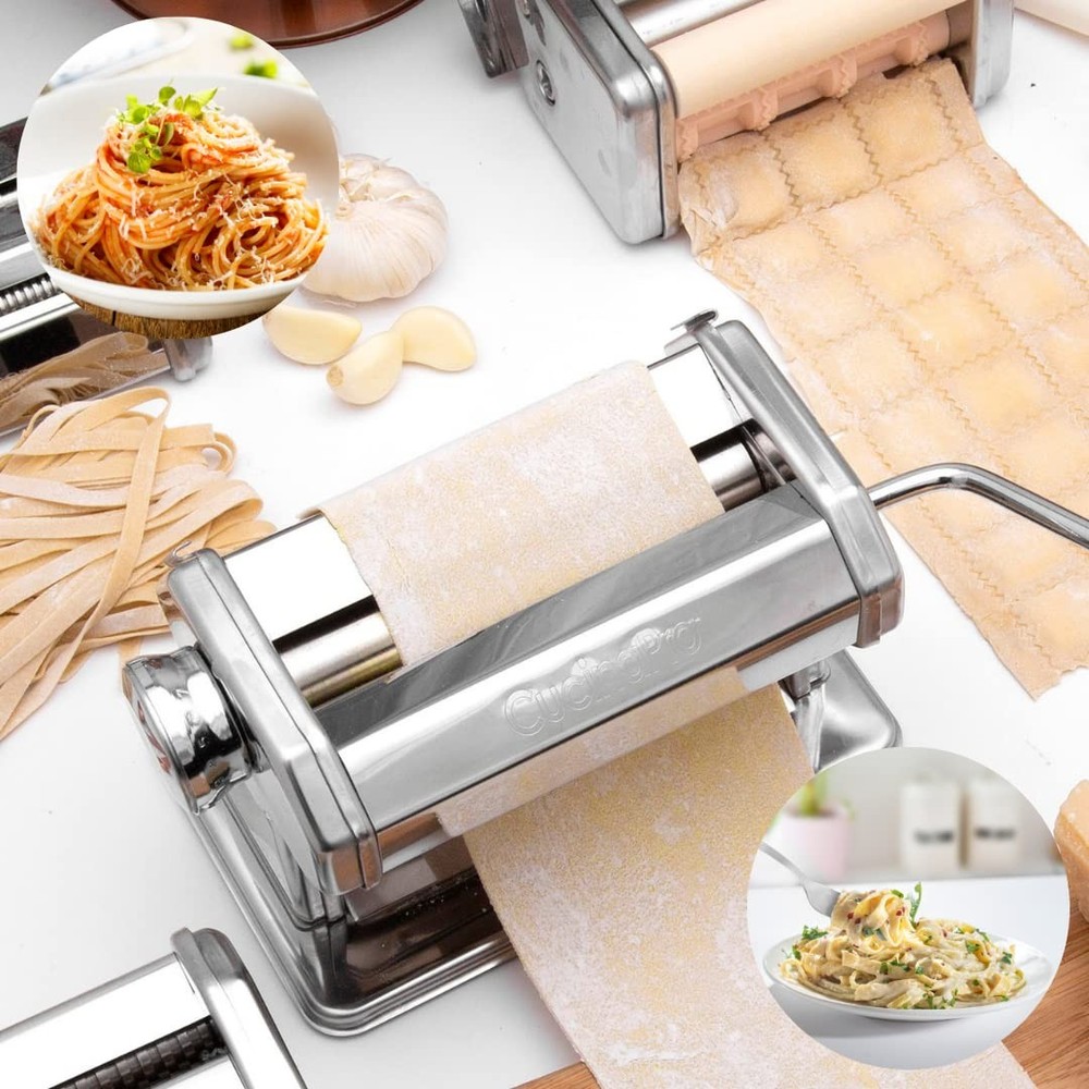 Pasta Maker Deluxe Set- Stainless Steel Machine w 3 Interchangeable Attachmen...