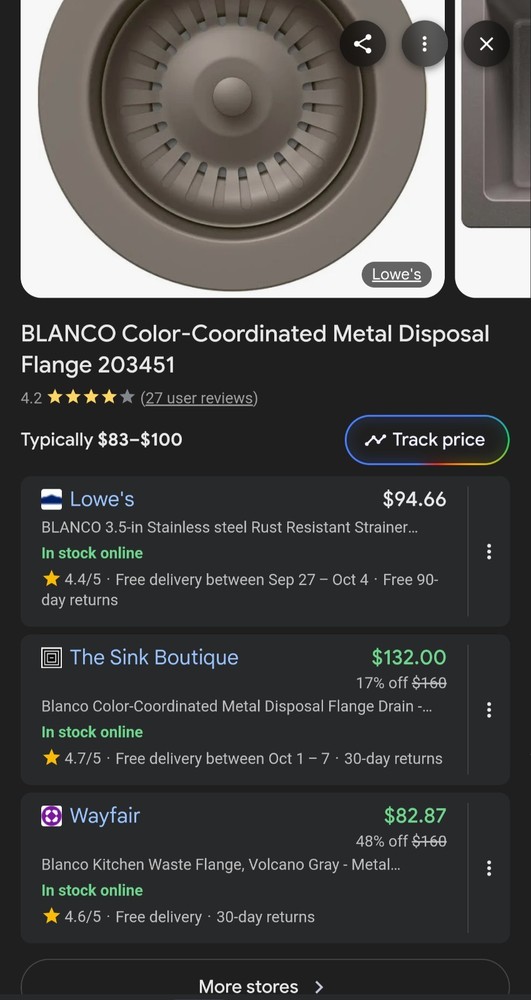 Blanco 3.5" Drain Flange + Removable Strainer. Garbage Disposal, Press Down Stop