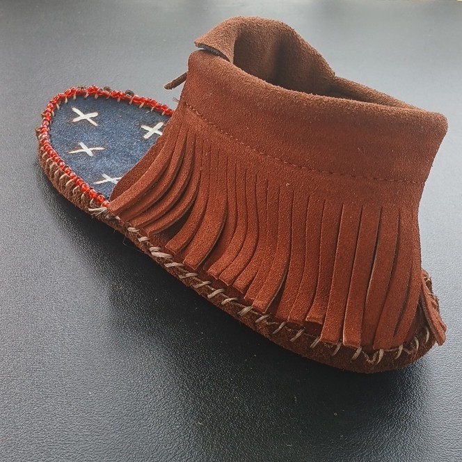 PowWow Regalia - Cowhide Leather Moccasins with Fringe and Edge Beading