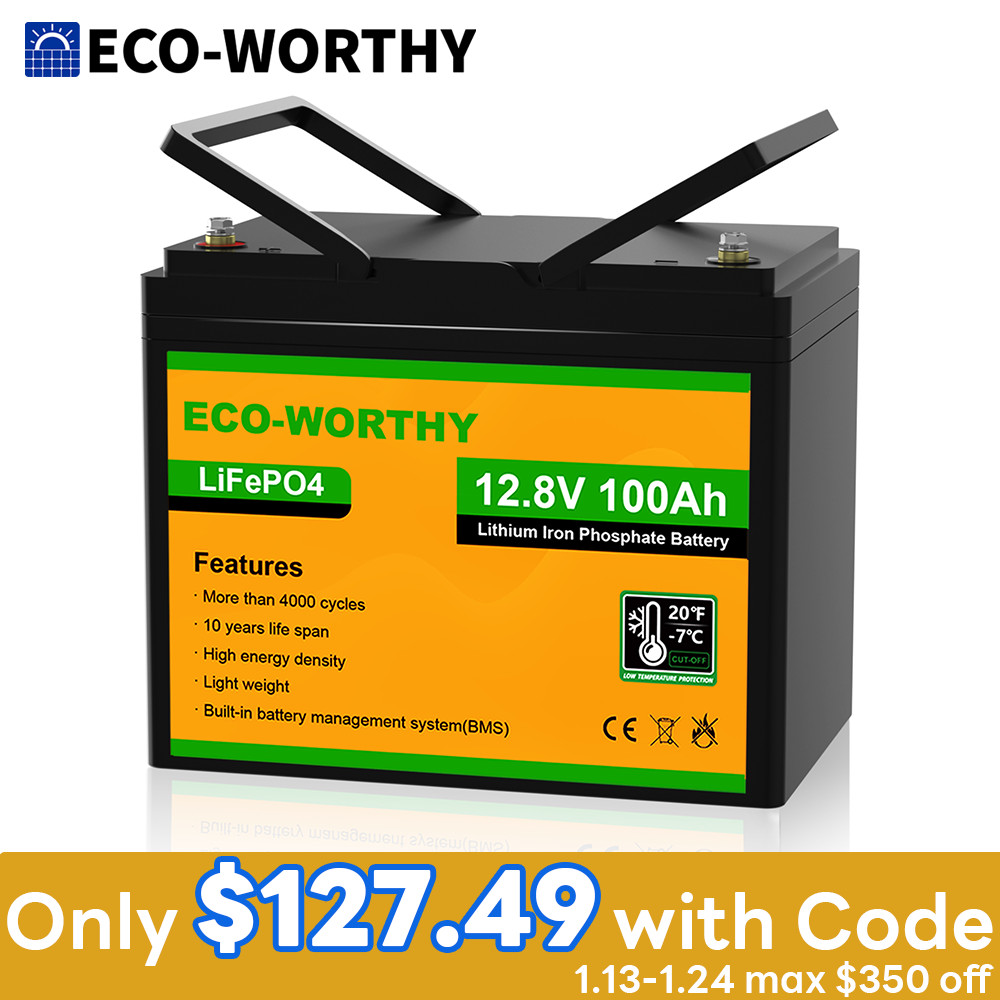 ECO-WORTHY 12V 100AH 1280Wh LiFePO4 Lithium Battery Low-Temp For RV Solar Panel