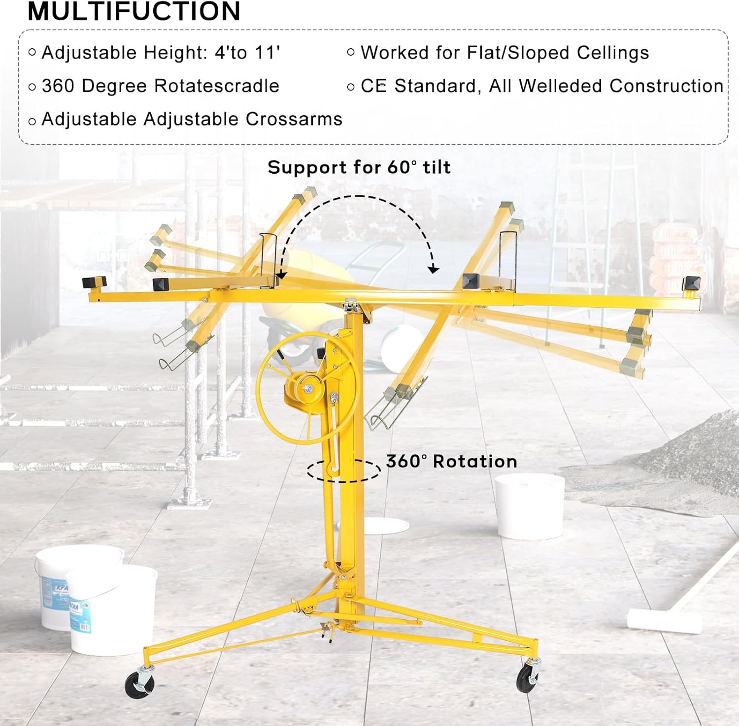 11Ft Drywall Lifter Sheetrock Hoist Lift Adjustable arm & Lockable Wheels