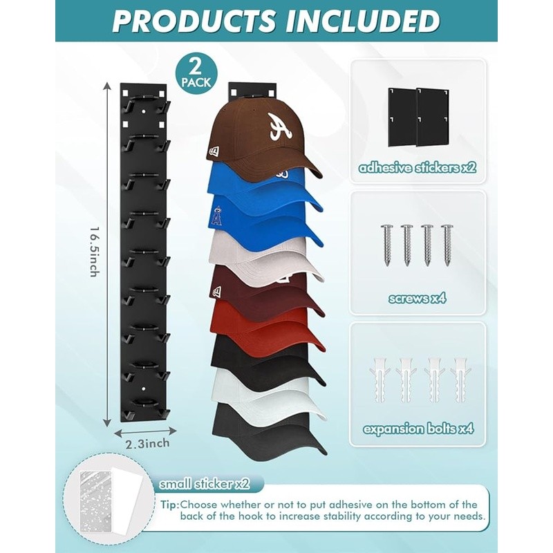 Hat Organizer Baseball Caps Wall Mount Dual Hooks Space Saving Storage Solution