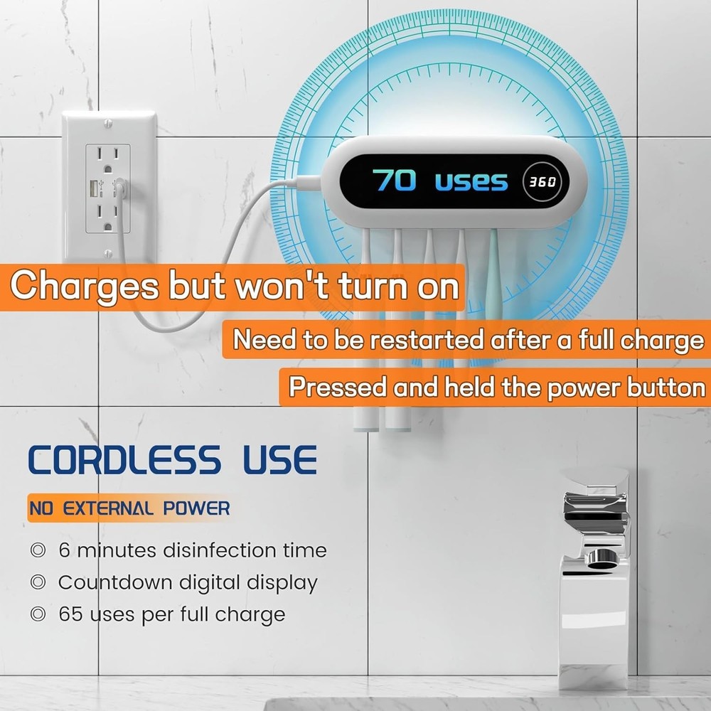 Toothbrush Holder, 5 Toothbrush Slots & Timer Function, Cordless Wall Mounted...