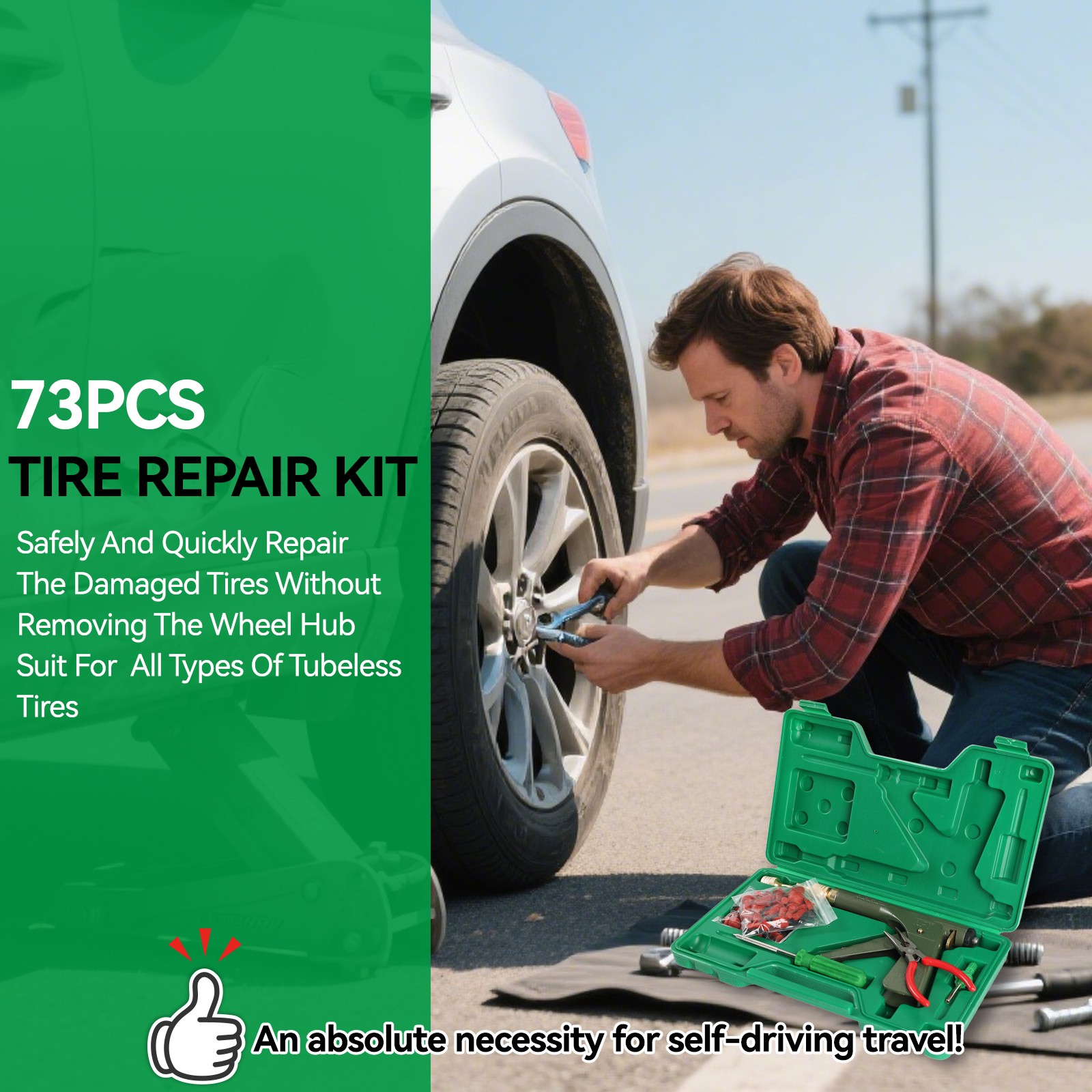 72pcs Tire Wheel Repair Gun Kit Mushroom Plug Probe Nozzle Tire Plugger Tubeless