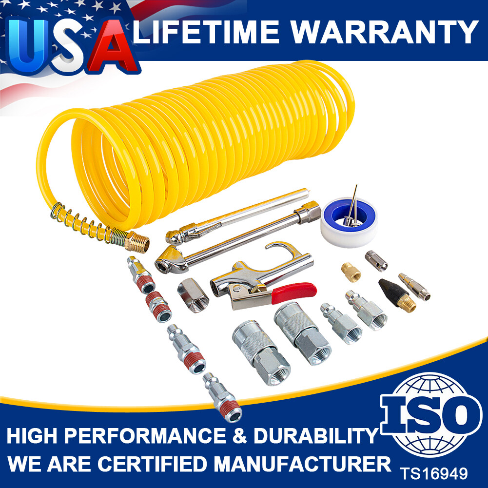 New 20pcs Air Compressor Accessory Kit 25Ft Recoil Hose Gun Nozzles Set 1/4" NPT
