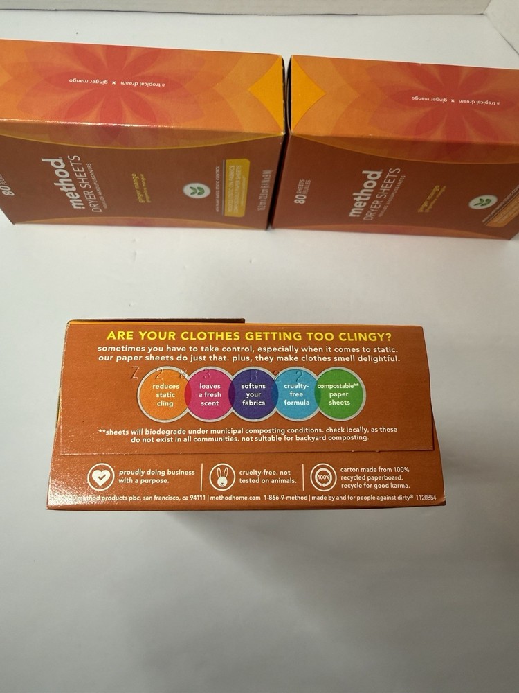 3 New Method Paper Dryer Sheets - Ginger Mango - 80 Sheets Each