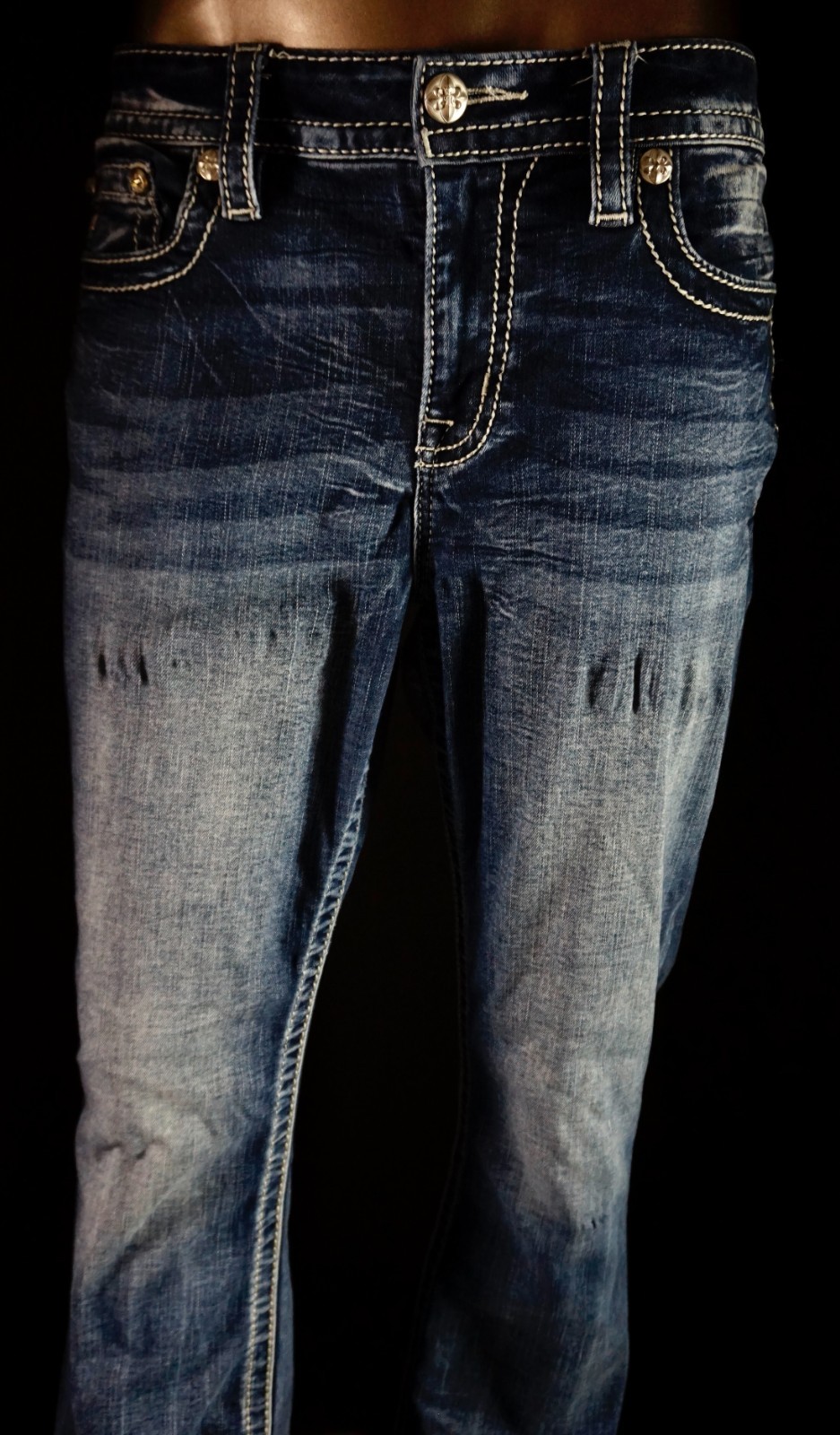 $118 Buckle Miss Me Jeans "Sequins Leather Fallen" Mid-Rise Boot 30 X 29 READ