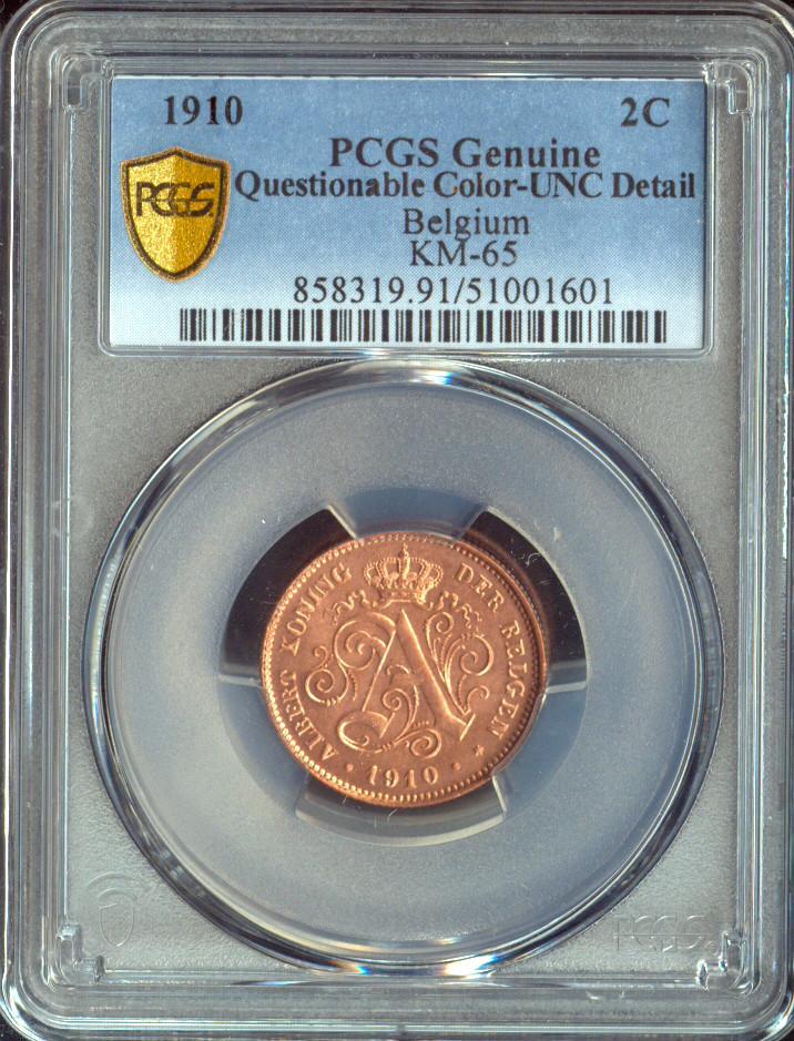 1910 Belgium 2 Centimes 2C PCGS UNC Details Red