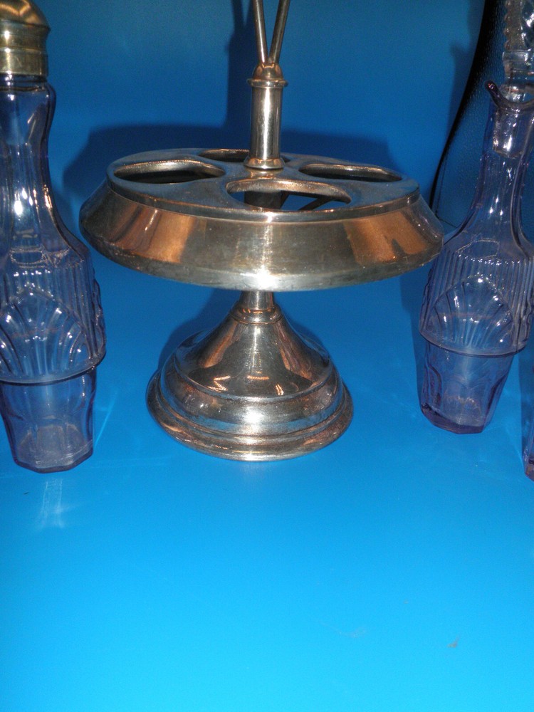 Victorian pattern glass castor bottle condiment set purple