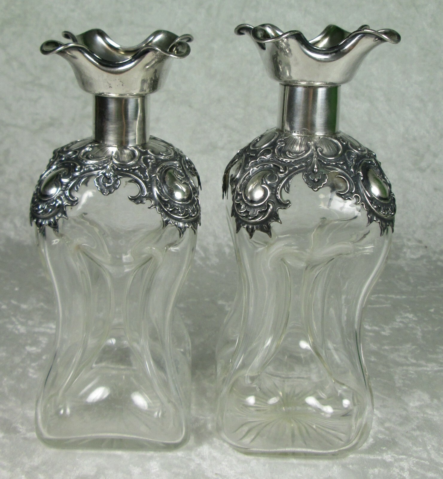 Wilhelm Binder Art Nouveau Decanters 800 Silver Overlay Pinched Glass Antique