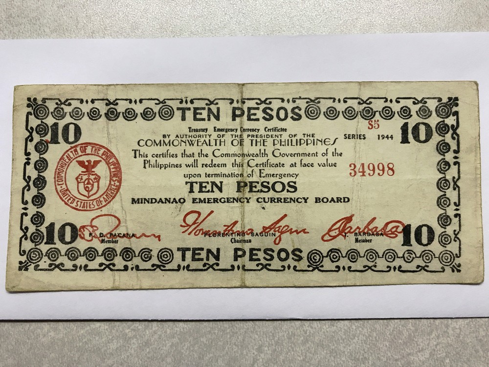 1944 Philippines 10 Pesos Emergency Note VF Folds #6683