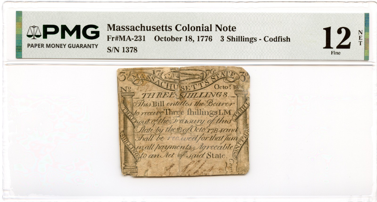Massachusetts Colonial Note Fr#MA-231 October 18, 1776 3s PMG F-12 *Paul Revere*