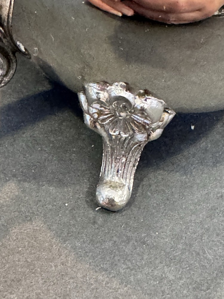 Vintage Silver Plate Creamer ornate on Rococo Floral Handle ~ 3” diameter ￼