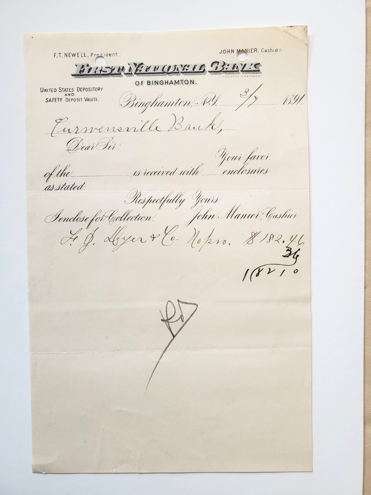 1891, First National Bank of Binghamton, NY, To Curwensville Bank, PA