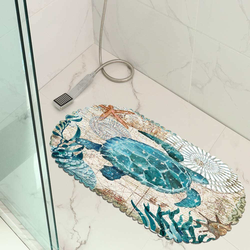 Non Slip Sea Turtle Bathtub Mat with Suction Cups, Oval Pebble Shower Mat for...