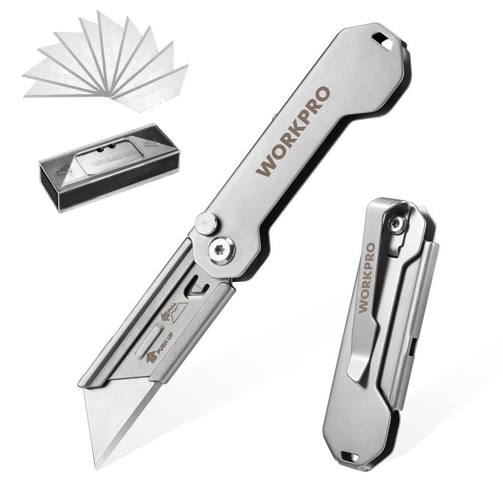 WORKPRO 2PC Folding Utility Knife Box Cutter Quick Change Razor Knife 10PC Blade