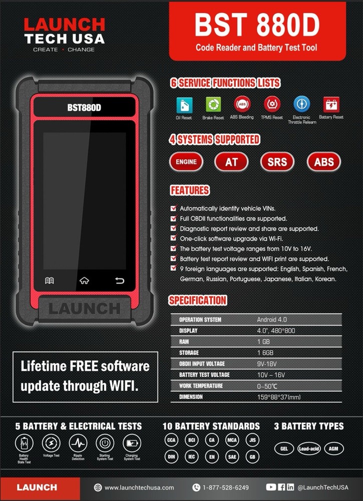 Launch Tech 301050669 BST880D Battery Tester & Diagnostic Scan Tool