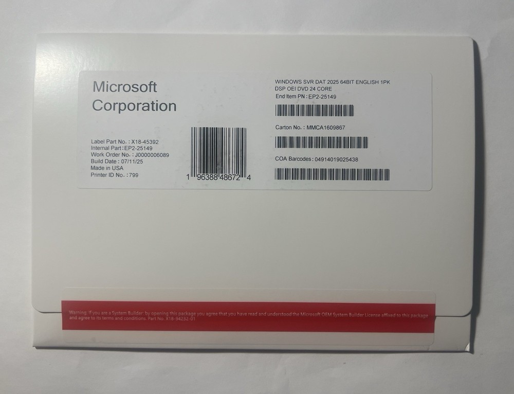 Microsoft Windows Server 2025 Datacenter 24 Core DVD-key Sealed (NEW)