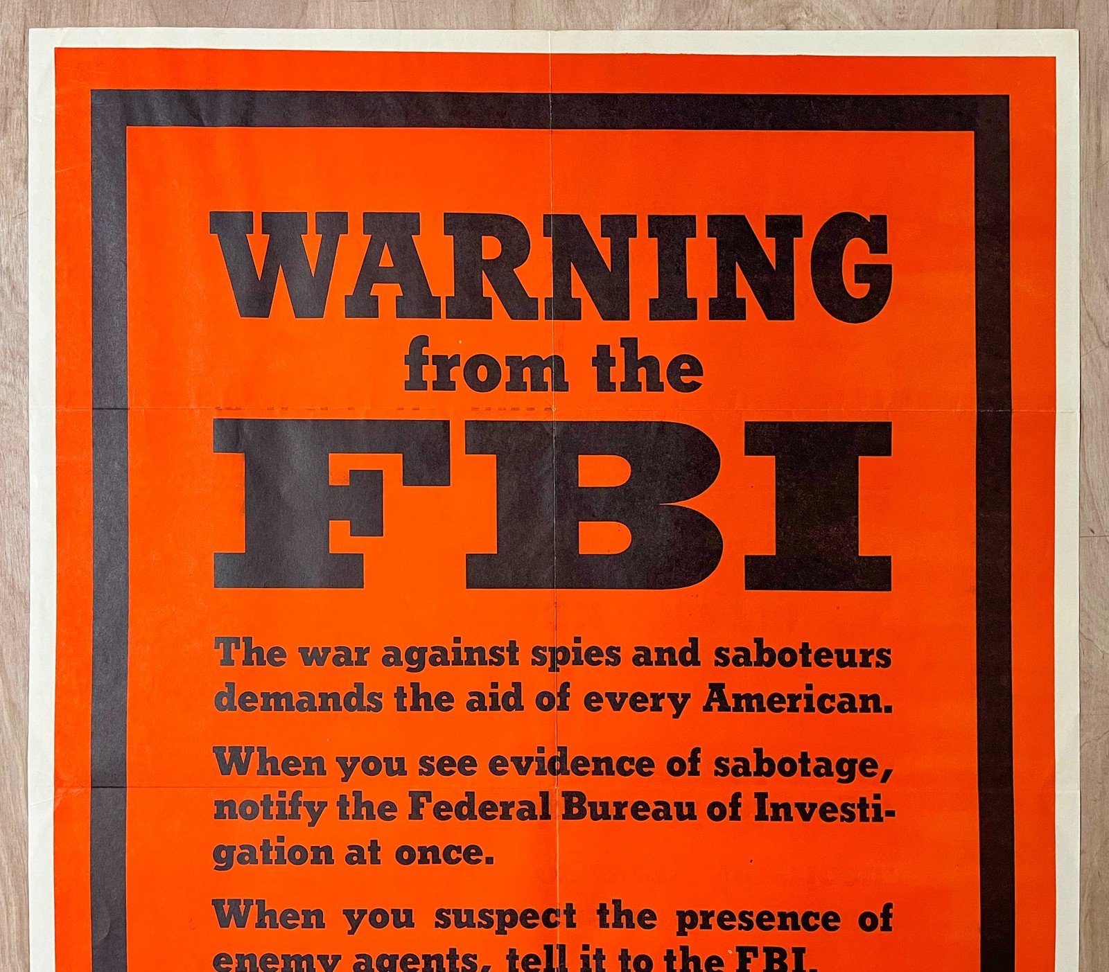 1943 Warning From The FBI Spies Saboteurs Enemy Agents Poster J. Edgar Hoover