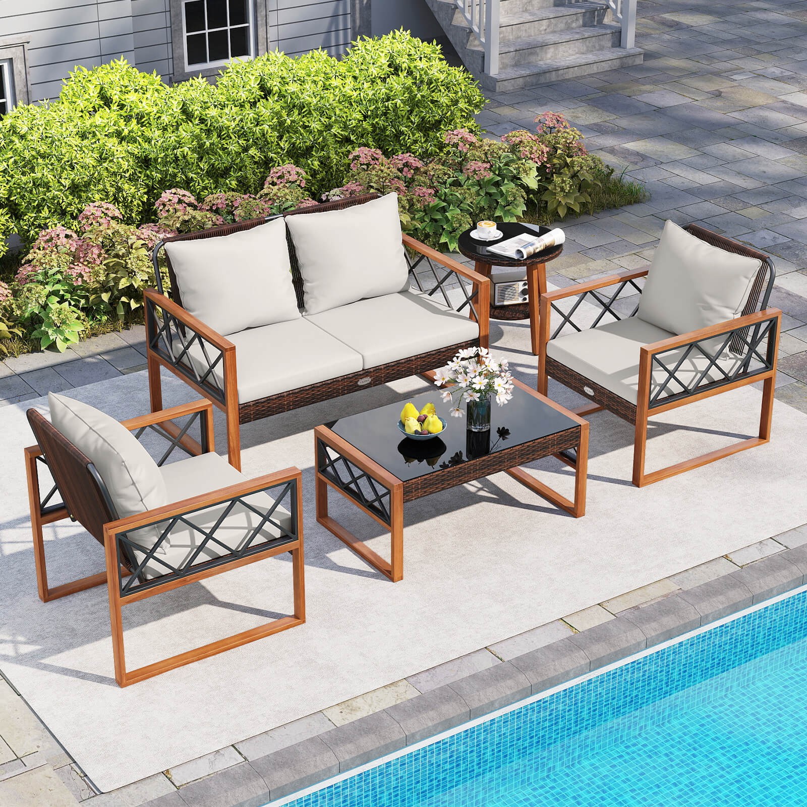 5 PCS PE Wicker Patio Furniture Set w/Acacia Wood Frame Cushions for Deck Garden