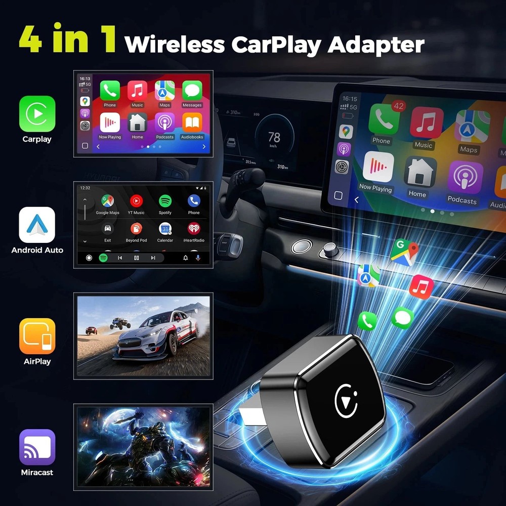 4-in-1 Wireless CarPlay Android Auto Adapter Plug & Play USB for iPhone Android