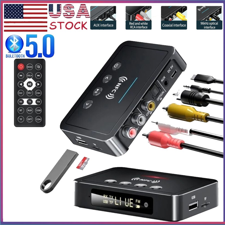 NFC Bluetooth 5.0 Transmitter Receiver Audio Adapter 3 IN 1 Home Stereo FM AUX