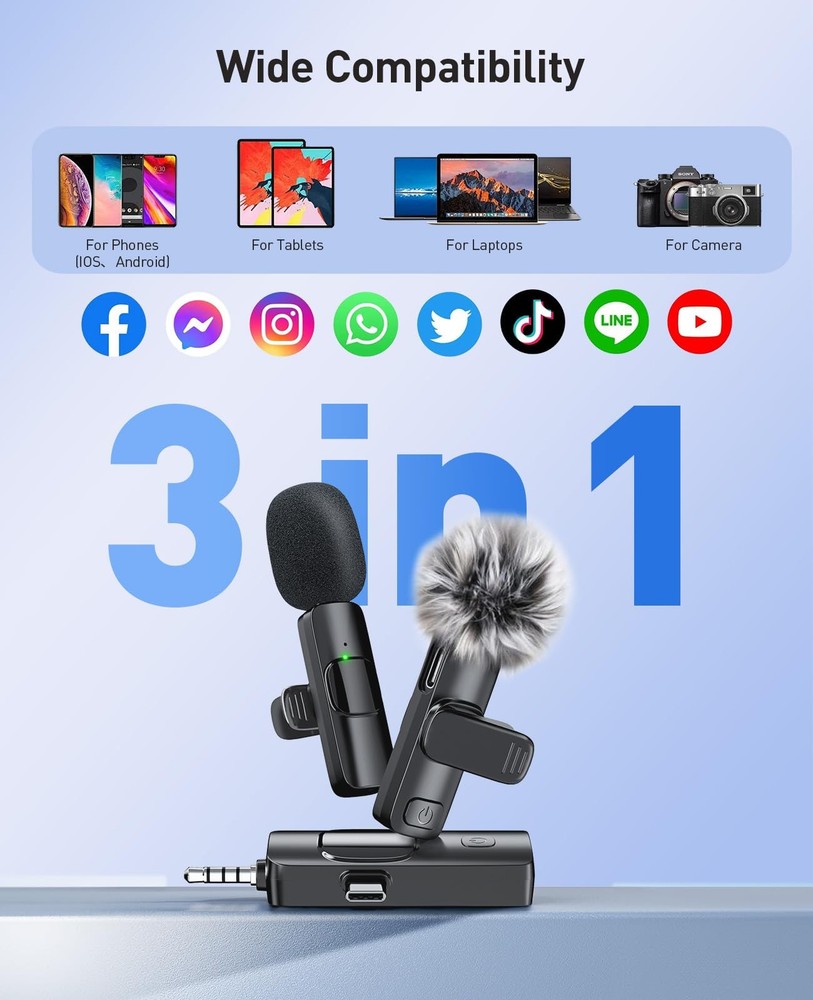 MENERESAS 3-in-1 Mini Microphone for iPhone: Wireless Lavalier Microphone wit...