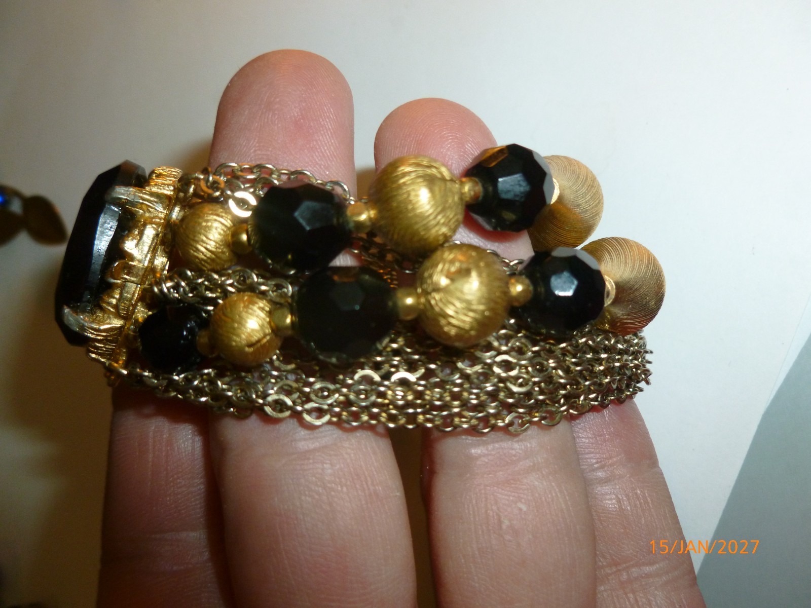 Vintage Black Faceted Rhinestone Gold Tone Bon Bons Chains Bracelet 7" Quality