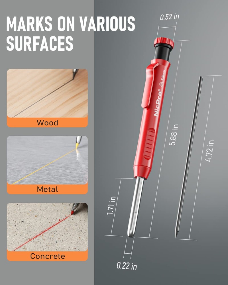 Nicpro 2Pack Carpenter Pencil with Sharpener, Mechanical 2 Pack, Red, Black