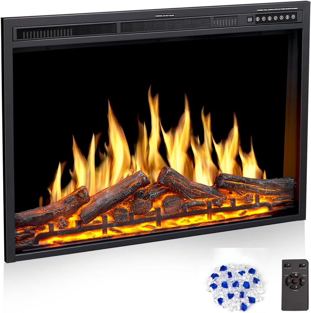 37" Electric Fireplace Insert with Remote, Adjustable Flames & Brightness