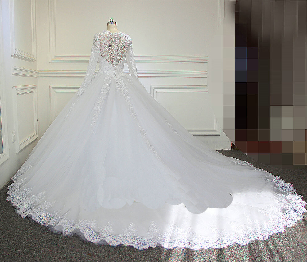 Luxury Cathedral/Royal Train Wedding Dresses Beading Long Sleeves Ball Gown