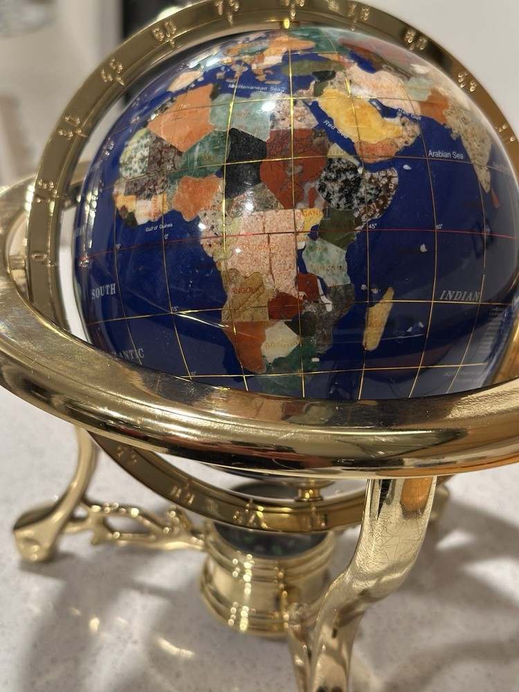 Blue Lapis Rotating Globe Precious Inlaid Stone Solid Brass w/ Compass