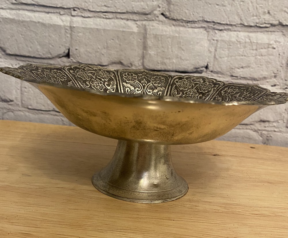 Ornate Solid Floral Dish Bowl 8” silver coloured.India