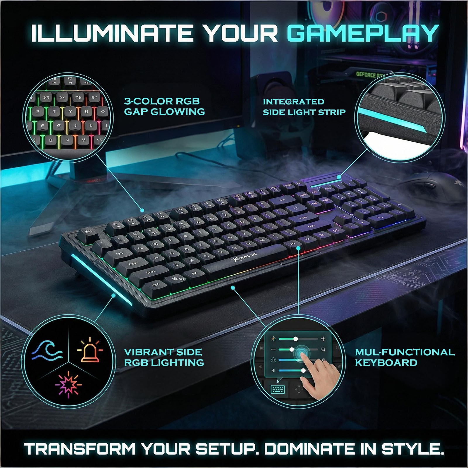 XTRIKE USB PC Wired Gaming Keyboard RGB Backlit 100-Key Silent Membrane Black