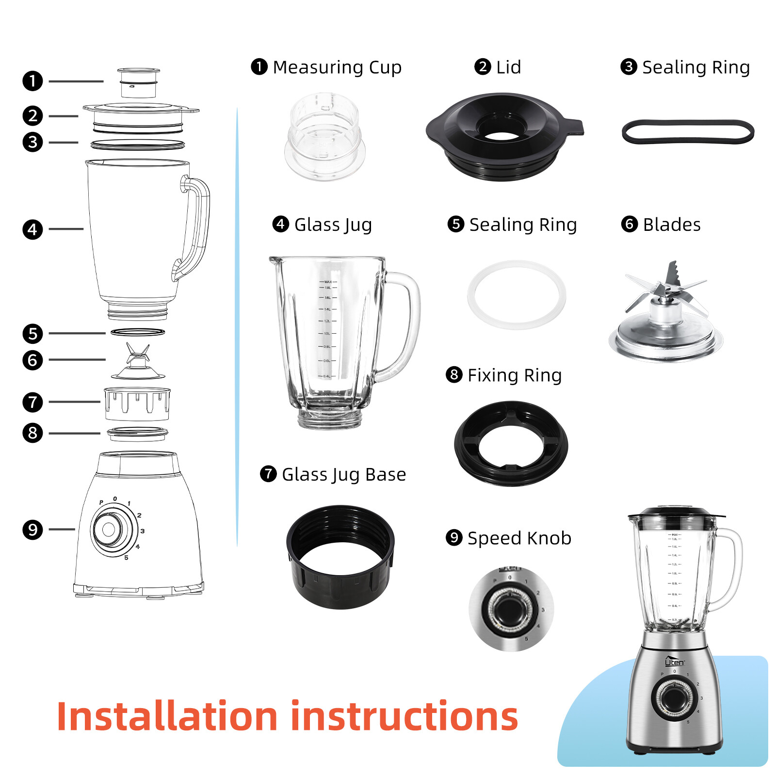 Blender Glass Stainless Steel 1800W Ice Crusher Smoothie Maker Universal Mixer