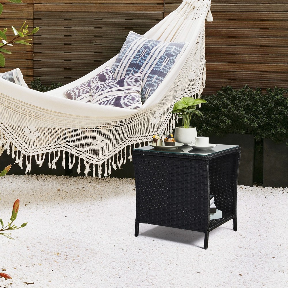 Outdoor Patio Wicker Side Table, Square End Table Bistro Coffee Table
