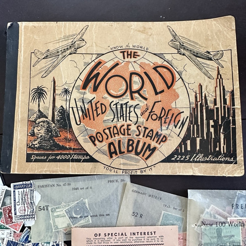 The World United States & Foreign Postage Stamp Album 1938 + Variety Stamp Lot