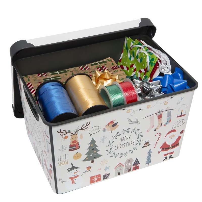 Happy Christmas Plastic Storage Tote Bin Stackable Holiday Décor Box W/ Lid New