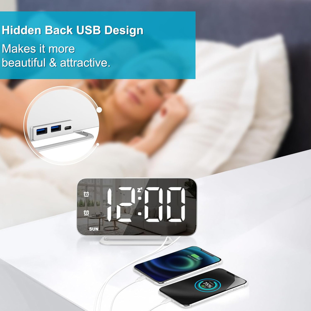 Slim LED Digital Alarm Clock, Mirror Surface for Makeup, with Diming, Large Disp