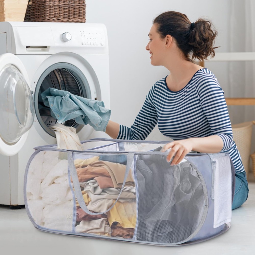Durable Collapsible Foldable Pop Up Laundry Hamper Sturdy 3 Compartments Hand...